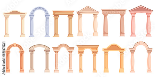 Cartoon ancient roman arches. Stone arch for gate or temple, antique palace entrance decoration. Stone medieval architecture elements, sapid vector clipart