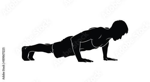 A dynamic illustration depicts a person performing a push up exercise showcasing strength and fitness as a black silhouette high quality
