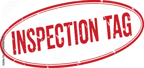 Red oval inspection tag with distressed texture on transparent background