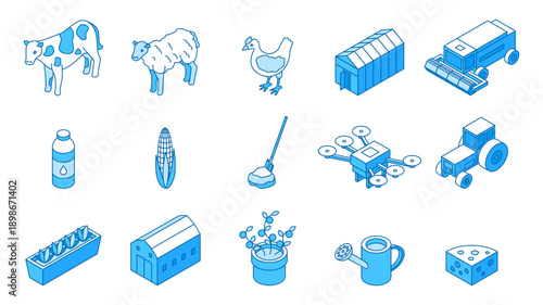 Isometric farm line icons. Variety of agricultural machinery for watering, plowing and harvesting. Farm animals and bird, plants, equipment, nifty vector set