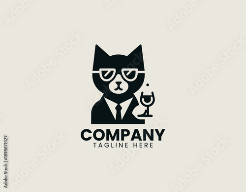 Cat logo shows relaxed character holding wine glass in playful modern vector illustration style