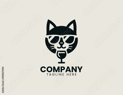 Cat logo shows relaxed character holding wine glass in playful modern vector illustration style