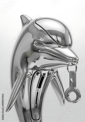 Shiny chrome dolphin statue isolated white background
