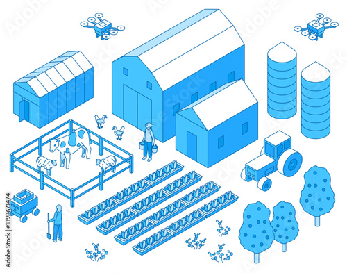 Isometric farm concept. Smart farming, agriculture business or country life. People working on field, watering, dig garden and feed animals, nifty vector scene