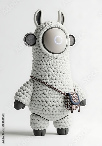 Knitted robot bear toy with chain isolated white background