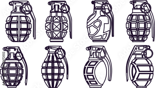 Eight black and white line art hand drawn grenade icons in different shapes and styles for design and illustration purposes