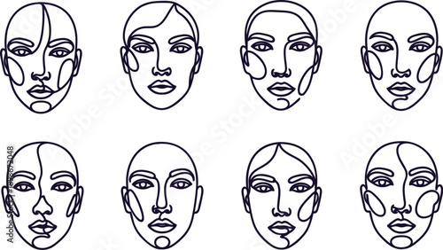 Eight different line art illustrations of faces with various makeup highlighting and contouring techniques applied  isolated on white background