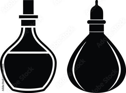 Black and white illustration of two vintage condiment bottles one tall and one round