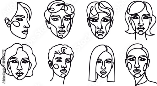 Eight minimalist line art illustrations of diverse human faces in profile and front views  various expressions and hairstyles