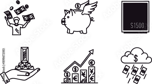 Financial icons set including money and business symbols  various currency and wealth management illustrations