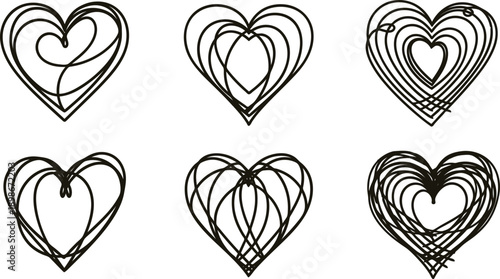 Set of six hand drawn artistic heart shapes in black lines on white background for love and valentines day concepts  heart designs