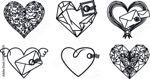 Set of six heart shaped icons with envelopes and geometric patterns on transparent background for love and communication design
