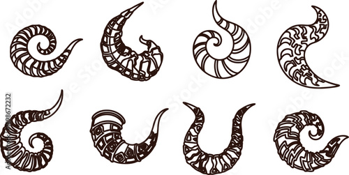 Set of various decorative nautilus shell designs with intricate patterns and swirling shapes in brown color on white background