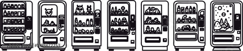 Seven vending machines with various food and drink items on shelves  different types of vending machines