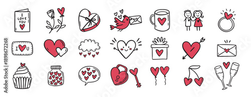 cute Valentine day with hearts, love, flowers, birds, lovers doodle hand drawn icon set. Outline drawing Valentines day line clipart symbol collection