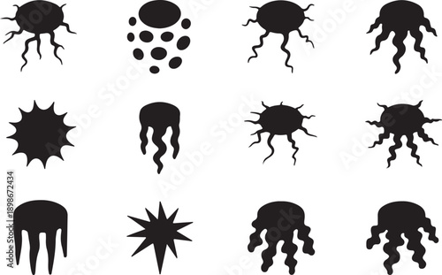Collection of unique black alien or bacteria like silhouettes on white background