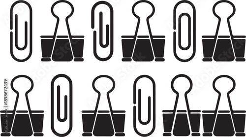 Black and white illustration of ten binder clips with paper clips