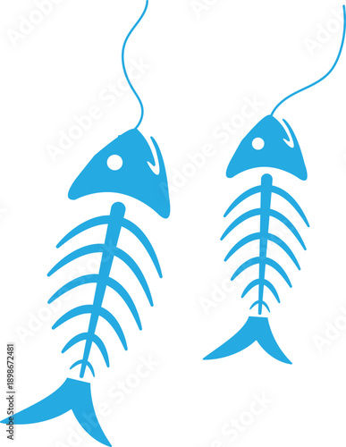 Two Blue Fish Skeletons Hanging by Strings bone silhouette