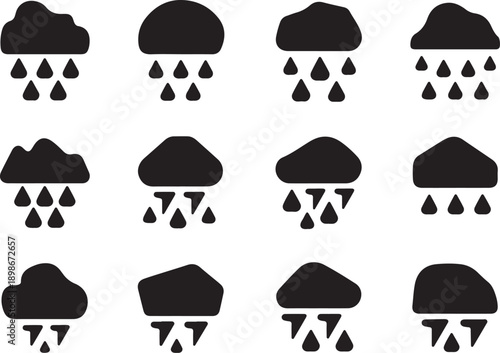 Weather icons depicting various rain clouds with raindrops