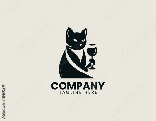 Cat logo shows relaxed character holding wine glass in playful modern vector illustration style
