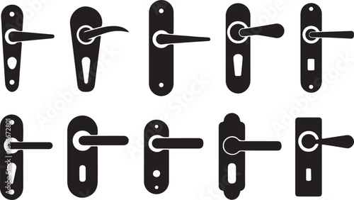 Collection of antique door handles and latches in various orientations