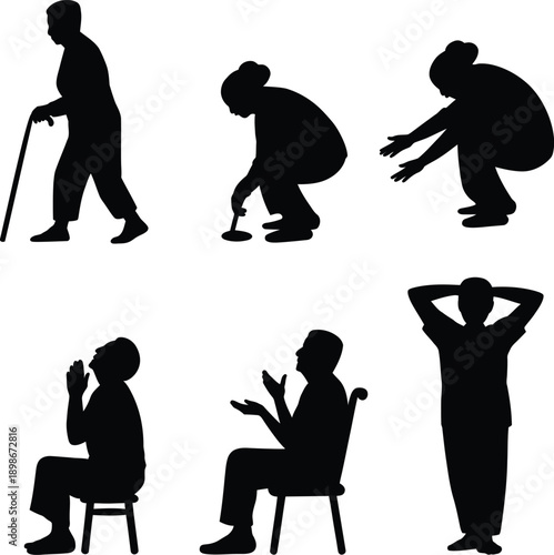 Black silhouettes of people performing various actions