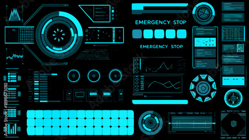 Futuristic user interface elements with glowing cyan lines on a black background