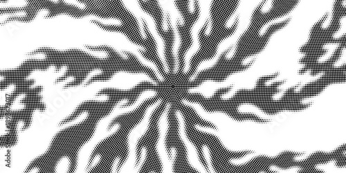 Black radial halftone circles. Dotted sound wave rings. Stippled epicenter, target, radar icon concept. Ripple concentric signal vibration element. Vector round dashed and dotted