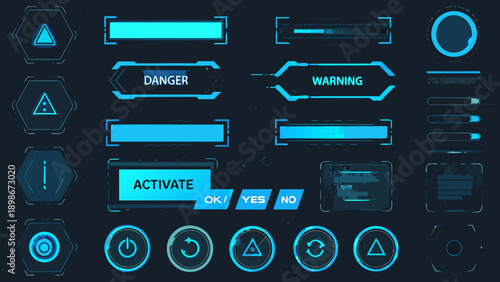 Neon blue user interface elements and futuristic digital display graphics