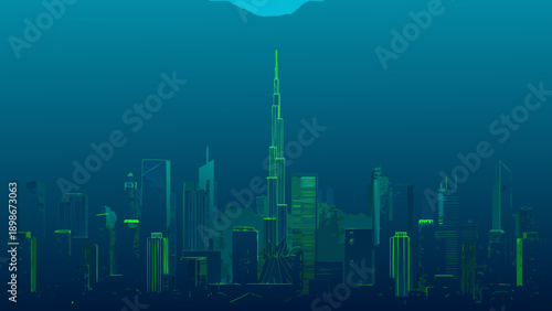 A stylized glowing cityscape reminiscent of dubai at night