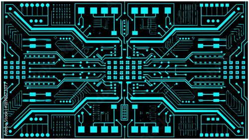 Intricate circuit board pattern with glowing blue lines on a black background