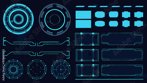 Futuristic user interface elements in bright cyan on a dark background