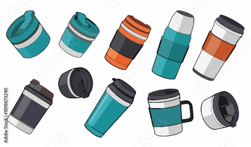 Stylish insulated thermos and travel mug vector collection in modern graphic style