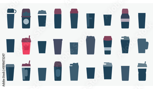 Modern thermos and tumbler vector set with travel mugs and insulated drink containers isolated