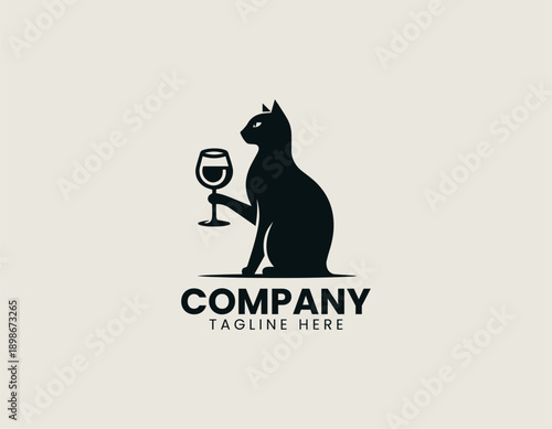 Cat logo shows relaxed character holding wine glass in playful modern vector illustration style