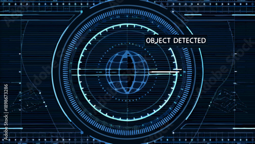 Futuristic radar screen displaying an object detection with a globe