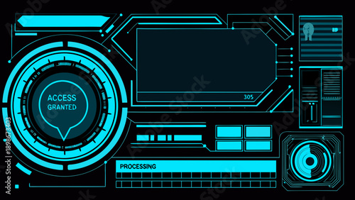 Futuristic user interface with glowing cyan elements and access granted display