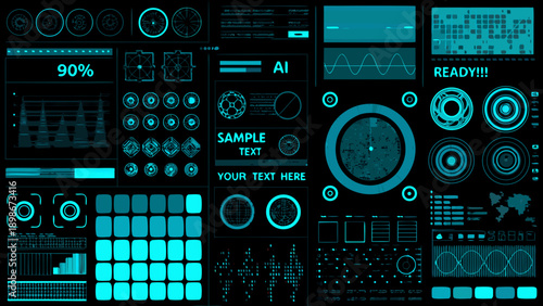 Futuristic interface displaying various technical data and digital elements