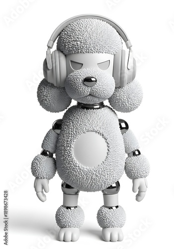 Robotic poodle dog with headphones isolated white background