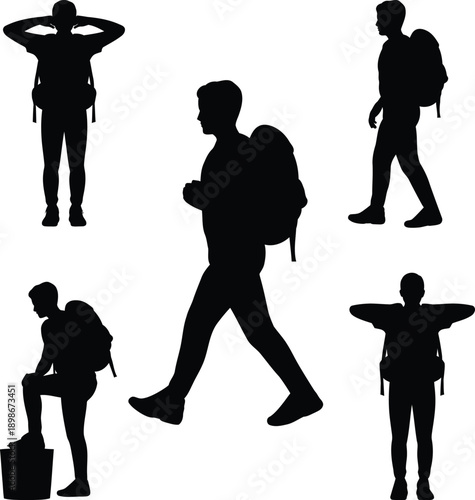 Silhouettes of people with backpacks in various poses