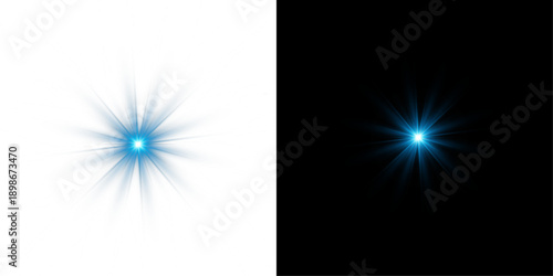 Futuristic blue light PNG with transparent highlights, glow, sun rays and bokeh sparks. Radiant star effect for modern abstract design, luxurious overlays or colorful visual effects