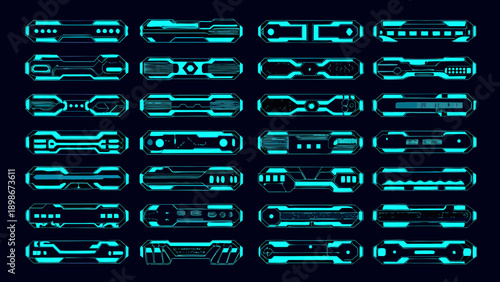 Futuristic user interface elements in cyan and dark blue