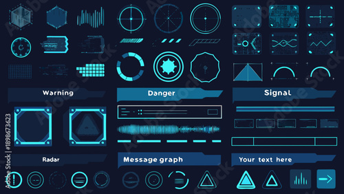 Futuristic user interface elements in shades of blue and teal