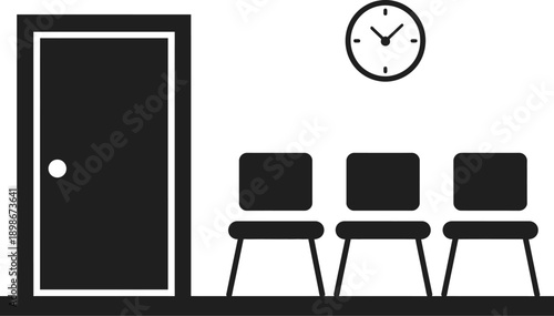 Minimalist Waiting Room Icon with Chairs Clock and Door