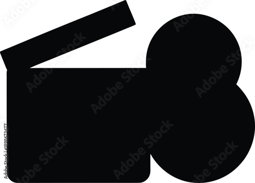 Simple black silhouette depicting a clapperboard and film reel together high quality professional