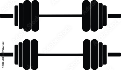 A simple black and white illustration depicting two barbell weightlifting icons stacked vertically