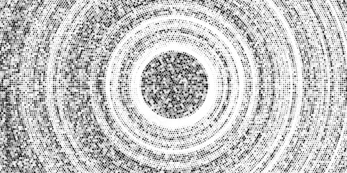 Black radial halftone circles. Dotted sound wave rings. Stippled epicenter, target, radar icon concept. Ripple concentric signal vibration element. Vector round dashed and dotted