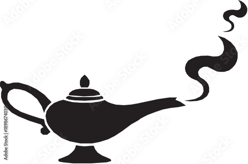 Black silhouette of a genie lamp with swirling smoke.