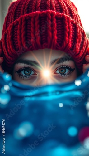 Crimson bobble hat frames a radiant, steely gaze, ocean spray a prism, vibrant hues dance, shallow water kiss ,  refreshing,  bokeh