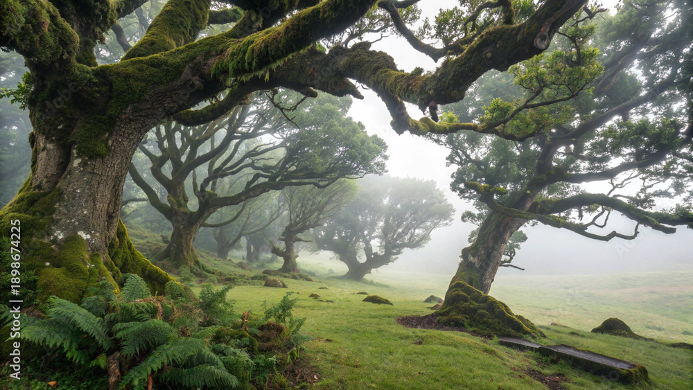 Fototapeta premium A mesmerizing, atmospheric landscape photograph of the ancient Fanal Forest in Madeira. The scene features gnarled, twisted laurel trees with thick trunks covered in lush green moss and ferns. A dense